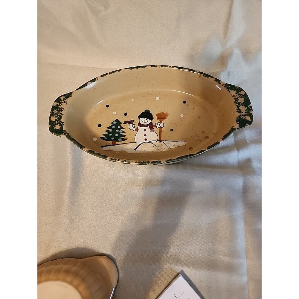 Country Snowman Stoneware Oval Casserole Dish Set Of 2 6” & 10” No Box